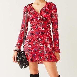 Red floral Urban Outfitters ruffle long sleeve dress